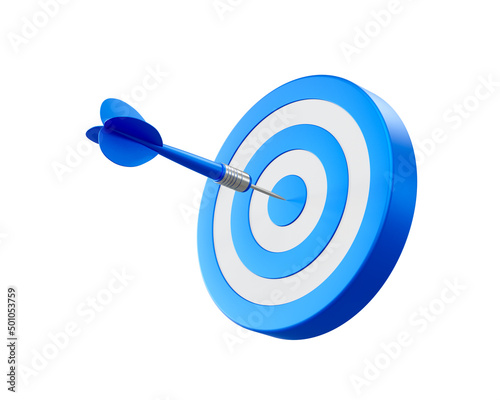 Blue arrow aim to dartboard target or goal of success, business achievements concept. 3d illustration.