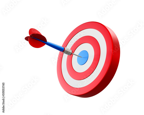 Red and blue arrow aim to dartboard target or goal of success, business achievements concept. 3d illustration.