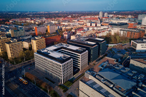 Modern residential area in europe city, aerial view. Cityscape of Wroclaw neighborhood, Poland