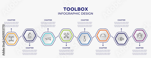 toolbox concept infographic template with 8 step or option. included chassis, gallon oil, double wrench, gardening palette, hood, businessman portfolio icons for abstract background.