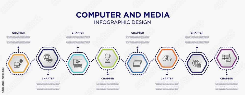 computer and media concept infographic template with 8 step or option. included computer connected to internet, earth link, internet cloud download, tablet screen in perspective, music on cloud,