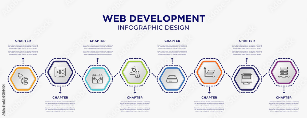 web development concept infographic template with 8 step or option. included directory, sound card, authentication, hard drive, frequency graph, web hosting icons for abstract background.