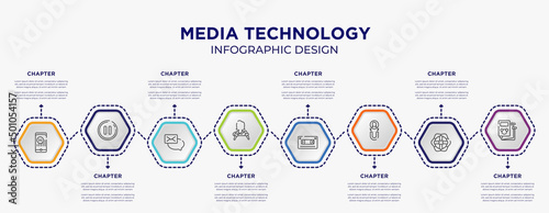 media technology concept infographic template with 8 step or option. included 2g, pause button, journalist, audio tape, attraction, icons for abstract background.