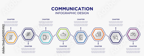 communication concept infographic template with 8 step or option. included ringtone, hide, virtual reality glasses, half moon, database security, icons for abstract background.