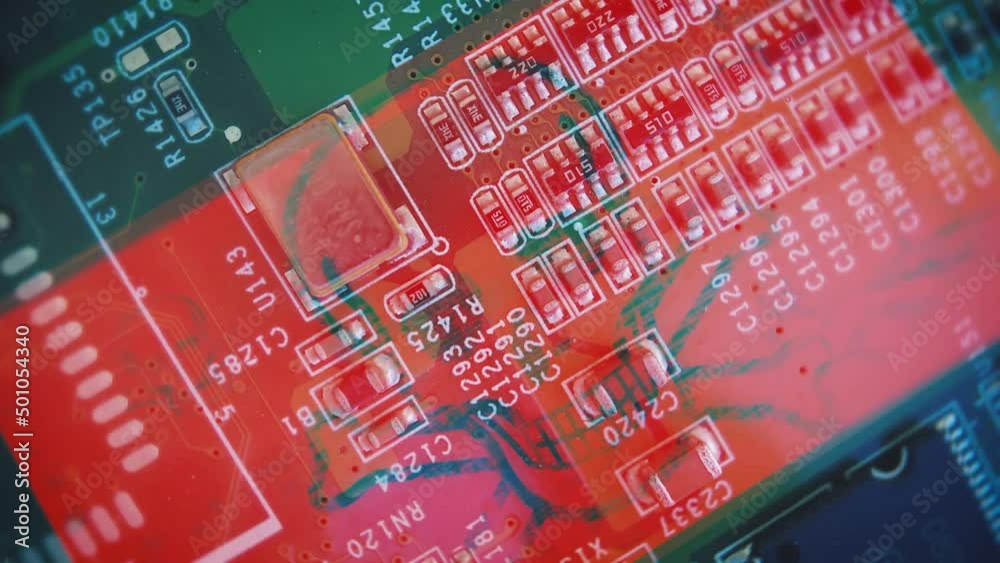 Computer virus skull glitch animation on Microchip motherboard inside computer system. Internet security, firewall, hackers capture data