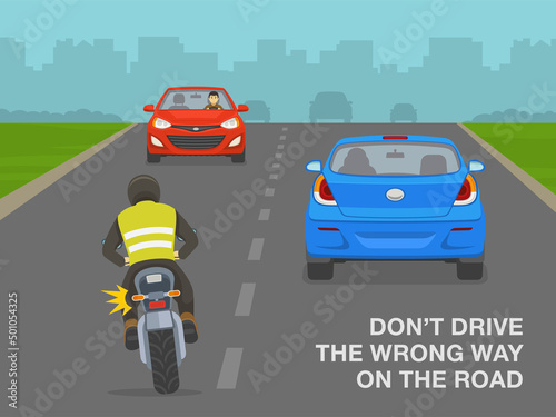 Safe driving rules and tips. Don't drive the wrong way on the road. Motorcycle rider riding wrong direction on the road. Flat vector illustration template. photo