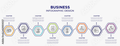 business concept infographic template with 8 step or option. included penalty, coworking, identification card, worldwide, limit, refund icons for abstract background.