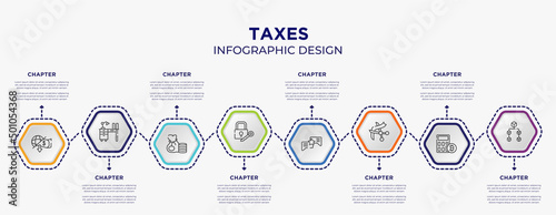 taxes concept infographic template with 8 step or option. included cooperate, hierarchical structure, commission, consult, wholesaler, officer icons for abstract background.