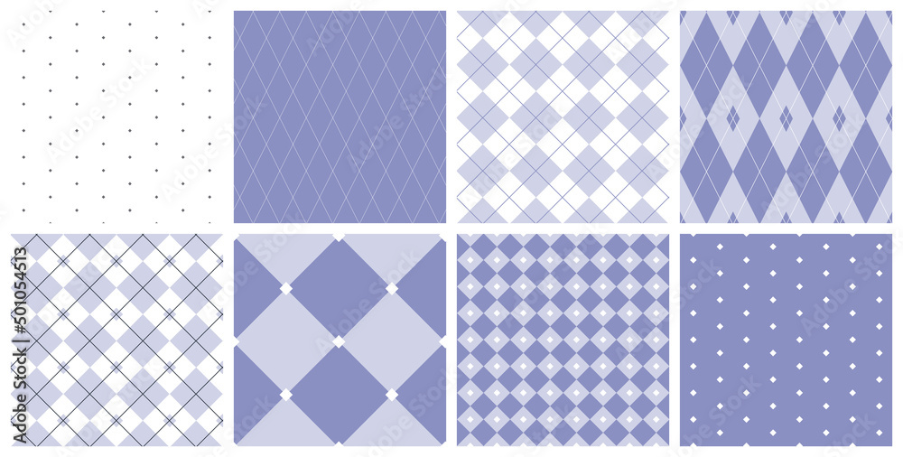 Argyle and diamond seamless pattern set with square and rhombus shapes in soft purple and white colors. Geometric background vector designs. Argyle and diamond seamless pattern set with square and rhombus shapes in soft purple and white colors. Geometric background vector designs.