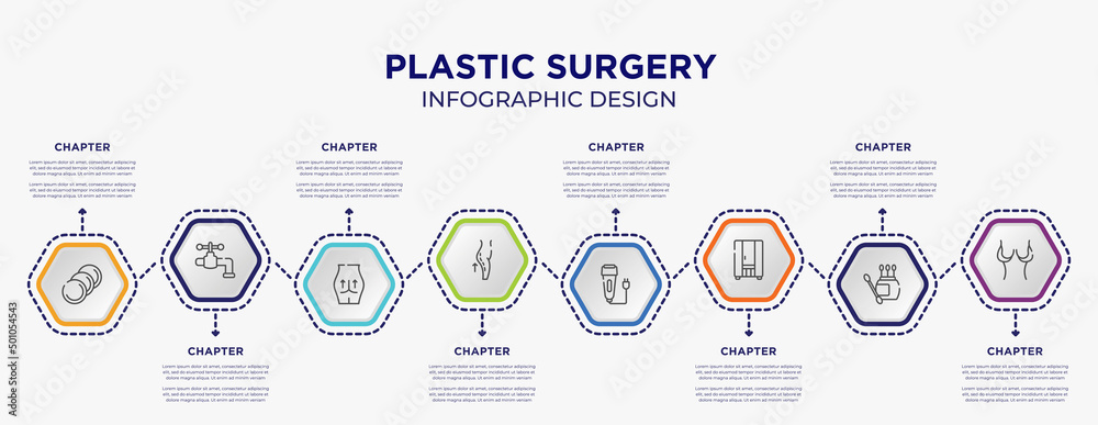 plastic surgery concept infographic template with 8 step or option. included cotton discs, faucet, lifting, electric razor, infrared, breast reduction icons for abstract background.
