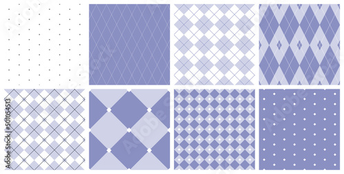 Argyle and diamond seamless pattern set with square and rhombus shapes in soft purple and white colors. Geometric background vector designs. 