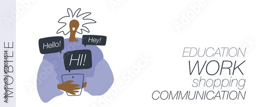Black skin gender neutral person using tablet clipart. Trendy style vector design with young cartoon character, holding mobile device and several speech bubbles with sample text showing communication