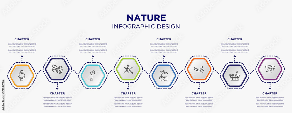 Naklejka premium nature concept infographic template with 8 step or option. included diving watch, easter egg, pond skater, cherry, squid, precipitation icons for abstract background.