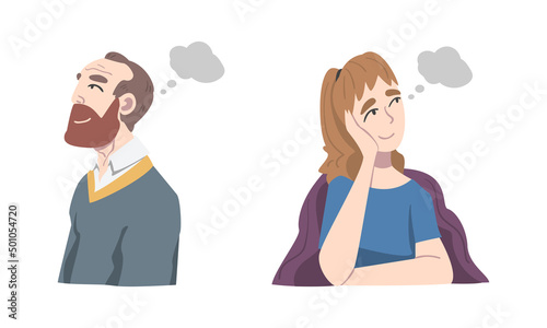Dreaming man and woman thinking and planning with speech bubbles cartoon vector illustration