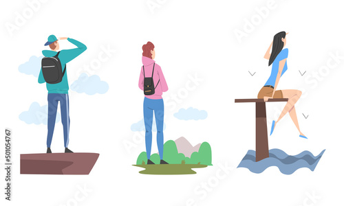 People enjoying of beautiful nature landscape set. Back view of man and woman looking into distance cartoon vector illustration