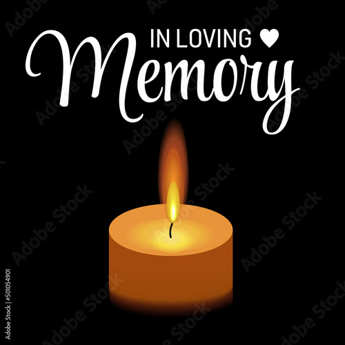 Vector illustration with mourning burning candle flame light on black background.