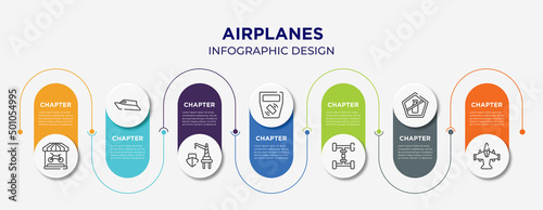airplanes concept infographic design template. included bike shop, speed boat, harbor, ticket validator, 4wd, no liquid, military airplane bottom view icons for abstract background.