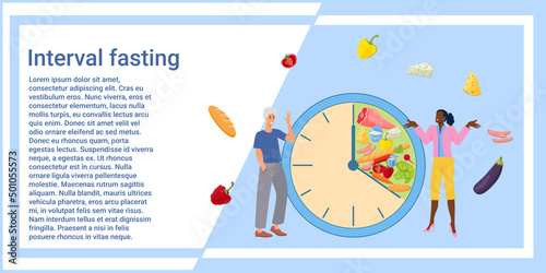 Interval fasting.The concept of proper nutrition, fasting and diet.Diet plan, fitness and sports activities.Vector illustration.