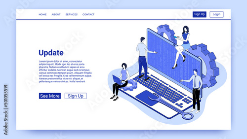 Update.People on the background of a laptop are updating the operating system . The concept of digital product support.An illustration in the style of the landing page is blue.