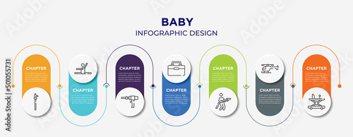 baby concept infographic design template. included pike pole, stretch, medical drill, organ container, fireman, chopper, baby walker icons for abstract background.