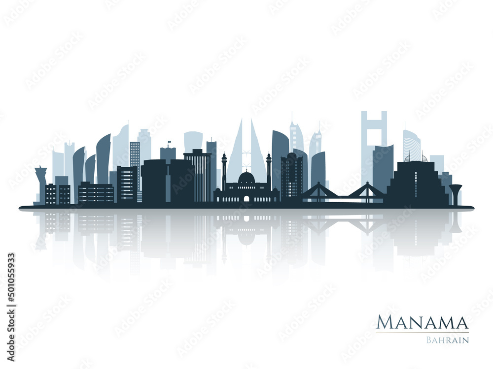 Manama skyline silhouette with reflection. Landscape Manama, Bahrain. Vector illustration.