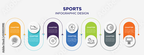 sports concept infographic design template. included languages, football boots, electron, plasma ball, hobby horse, ball pool, basketball equipment icons for abstract background.