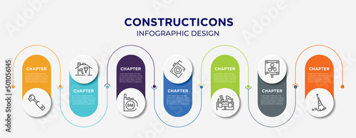 constructicons concept infographic design template. included tool diagonal, home repair, five meters ruler, roulette with button, toolbox, vent, sweeping broom icons for abstract background.