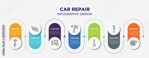 car repair concept infographic design template. included antique key, firewood trunks stacked, car painting, painter roller, working shovel, adjustable spanner, winter tires icons for abstract