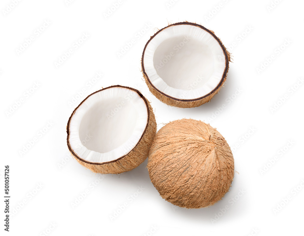 Flat lay of Coconut fruit with cut in half isolated on white background. Flat lay of Coconut fruit with cut in half isolated on white background.