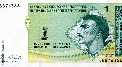 Portrait of the Franciscan writer Ivan Franjo Jukić (aka Slavoljub Bošnjak) (1818-1857) Portrait from Bosnia and Herzegovina 1 Konvertibilna Marka 1998 Banknote. .