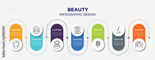 beauty concept infographic design template. included genioplasty, mastopexy, powder, bathroom scale, birch whisk, rhinoplasty, curling hair icons for abstract background.