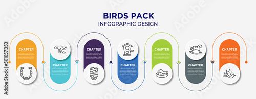birds pack concept infographic design template. included horseshoe, dog shitting, mummy, birds home, bird and egg, rocker horse, black bird icons for abstract background.