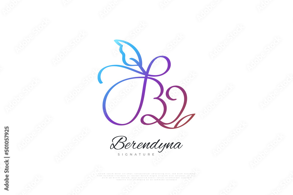 Colorful Letter B Logo Design with Plants and Nature Concept in Handwriting Style. Initial Letter B Signature Logo for Business Brand Identity