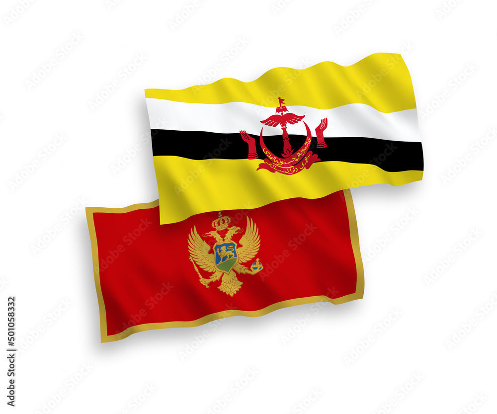 Fototapeta premium National vector fabric wave flags of Montenegro and Brunei isolated on white background. 1 to 2 proportion.
