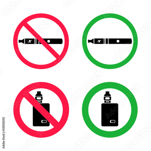 No vaping and vaping area signs. Red forbidden and green allowed circles signs icon set isolated on white background vector illustration. Vape and smoke prohibition and green access circles set.