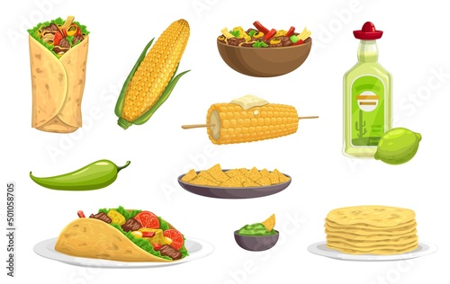 Mexican cuisine meals, cartoon food and drink set. Vector burrito, taco, avocado guacamole and salsa sauce, tequila, nachos and tortilla, tex-mex beef bowl, baked corn, chili or jalapeno green pepper