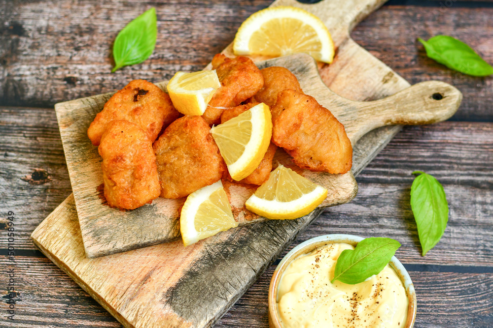 Allasca Pollock Fish Bites in a crispy Tempura Batter.Fish and chips