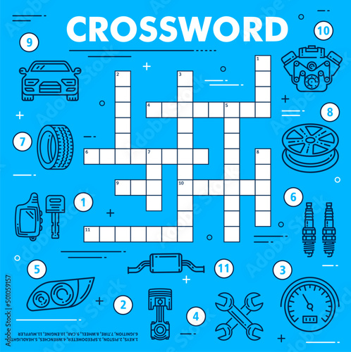 Car service and spare parts crossword grid worksheet, vector find word quiz game. Kids education riddle crossword to guess word of speedometer, car tires and engine with ignition and vehicle wrench photo