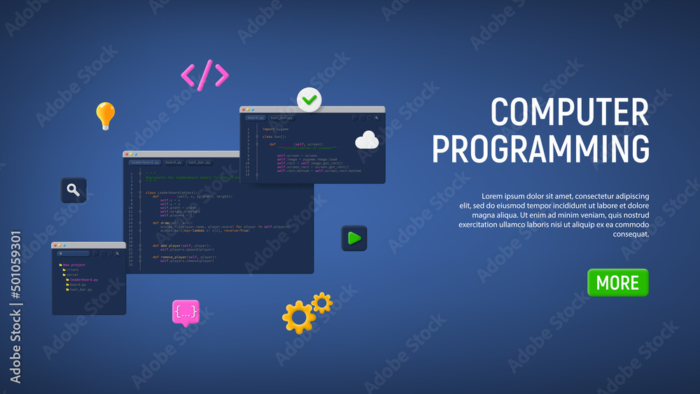 Concept of computer programming or developing software or game. Vector 3d illustration with coding symbols and programming windows. Concept of Information technologies and computer engineering.
