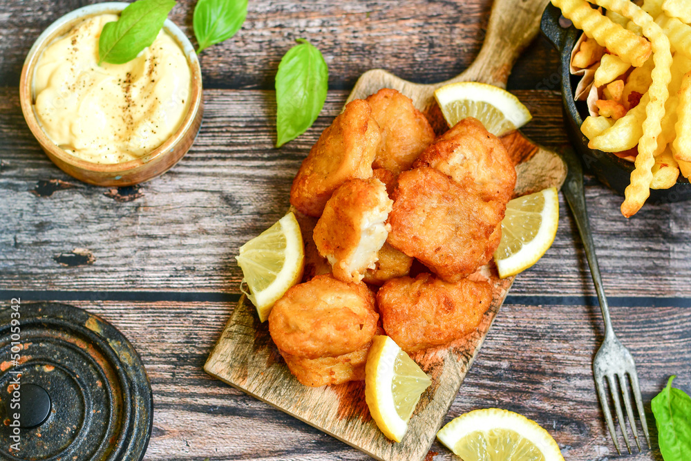 Allasca Pollock Fish Bites in a crispy Tempura Batter.Fish and chips