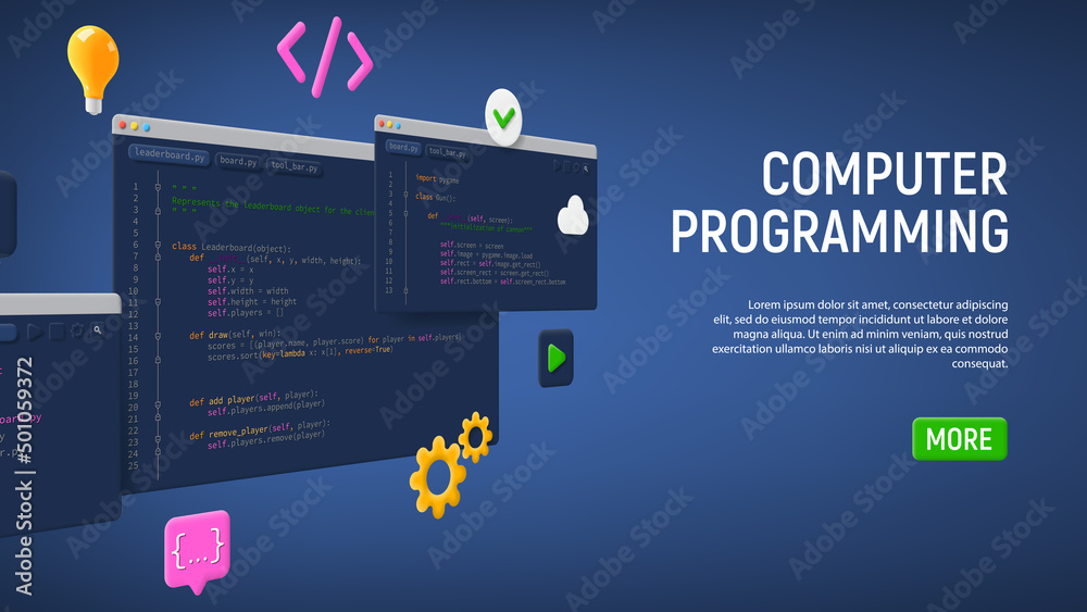 Concept of computer programming or developing software or game. Vector 3d illustration with coding symbols and programming windows. Concept of Information technologies and computer engineering.
