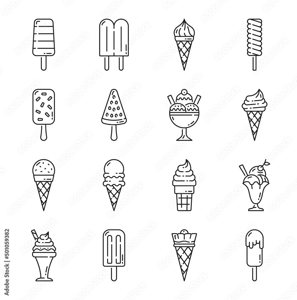 Ice cream outline icons. Frozen candy sundae, scoop and cone dessert ...