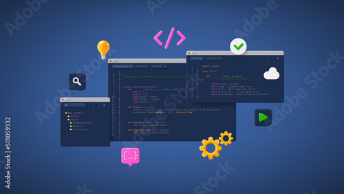 Concept of computer programming or developing software or game. Vector 3d illustration with coding symbols and programming windows. Concept of Information technologies and computer engineering.
 photo
