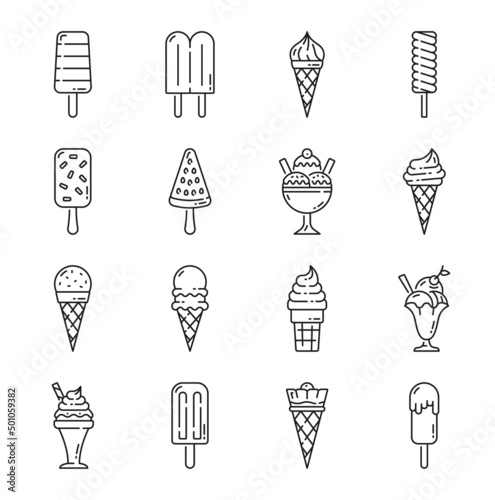 Ice cream outline icons. Frozen candy sundae, scoop and cone dessert food. Vector waffle cups, glasses and sticks of chocolate and vanilla ice cream, fruit sorbet, frozen yogurt and milk gelato