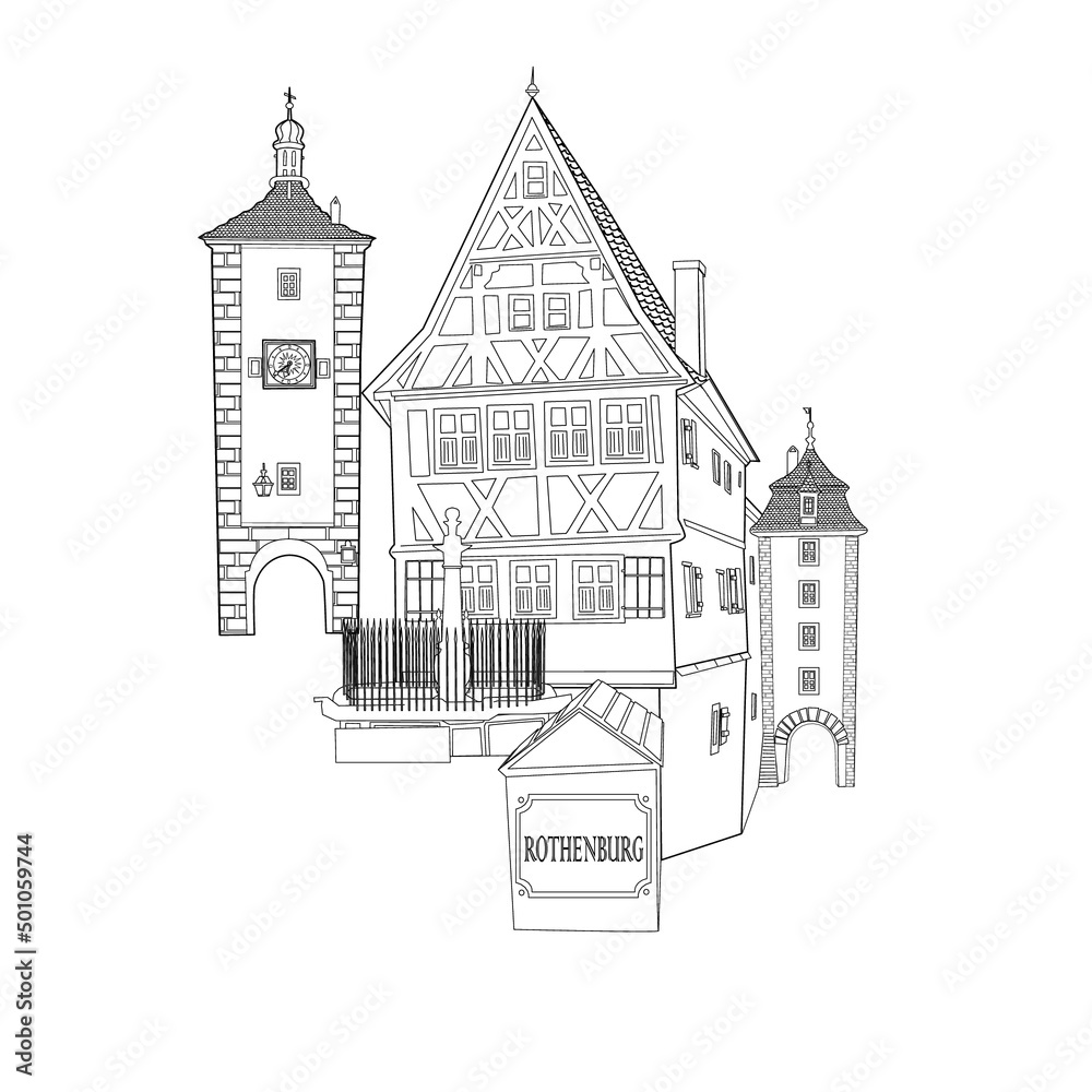 Vector illustration of Medieval old street with traditional German houses in Rothenburg ob der Tauber, Germany 