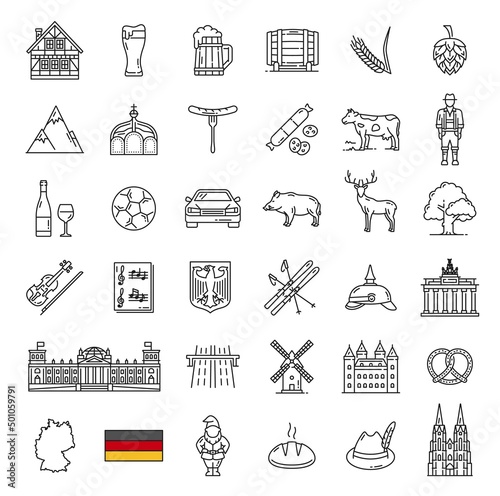 Germany landmarks, food, industry and travel outline icons. Vector German flag and map, Oktoberfest beer, sausages, Bavarian costume, pretzel and hunting hat, Berlin architecture, heraldic eagle