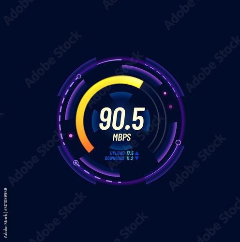 Internet bandwidth test, network speed meter or connection signal level indicator. Web data upload or download speed futuristic dial, Wi-Fi strength checkout service neon gauge or interface icon photo
