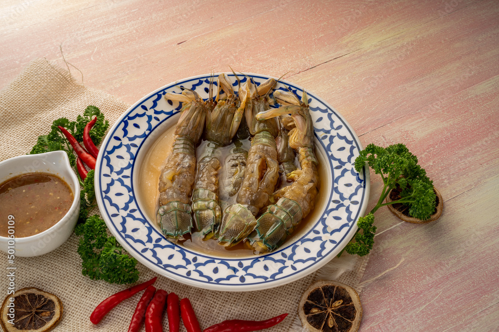 Korean Soy Sauce Pickled Mantis shrimps, Fresh Mantis shrimps marinated in a mild soy sauce, Gejang Korean traditional food.