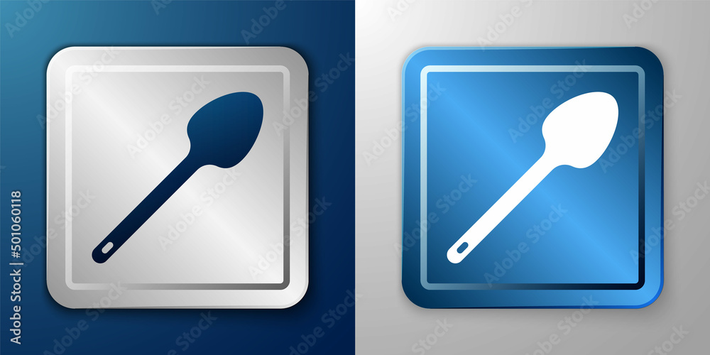 White Teaspoon icon isolated on blue and grey background. Cooking utensil. Cutlery sign. Silver and blue square button. Vector