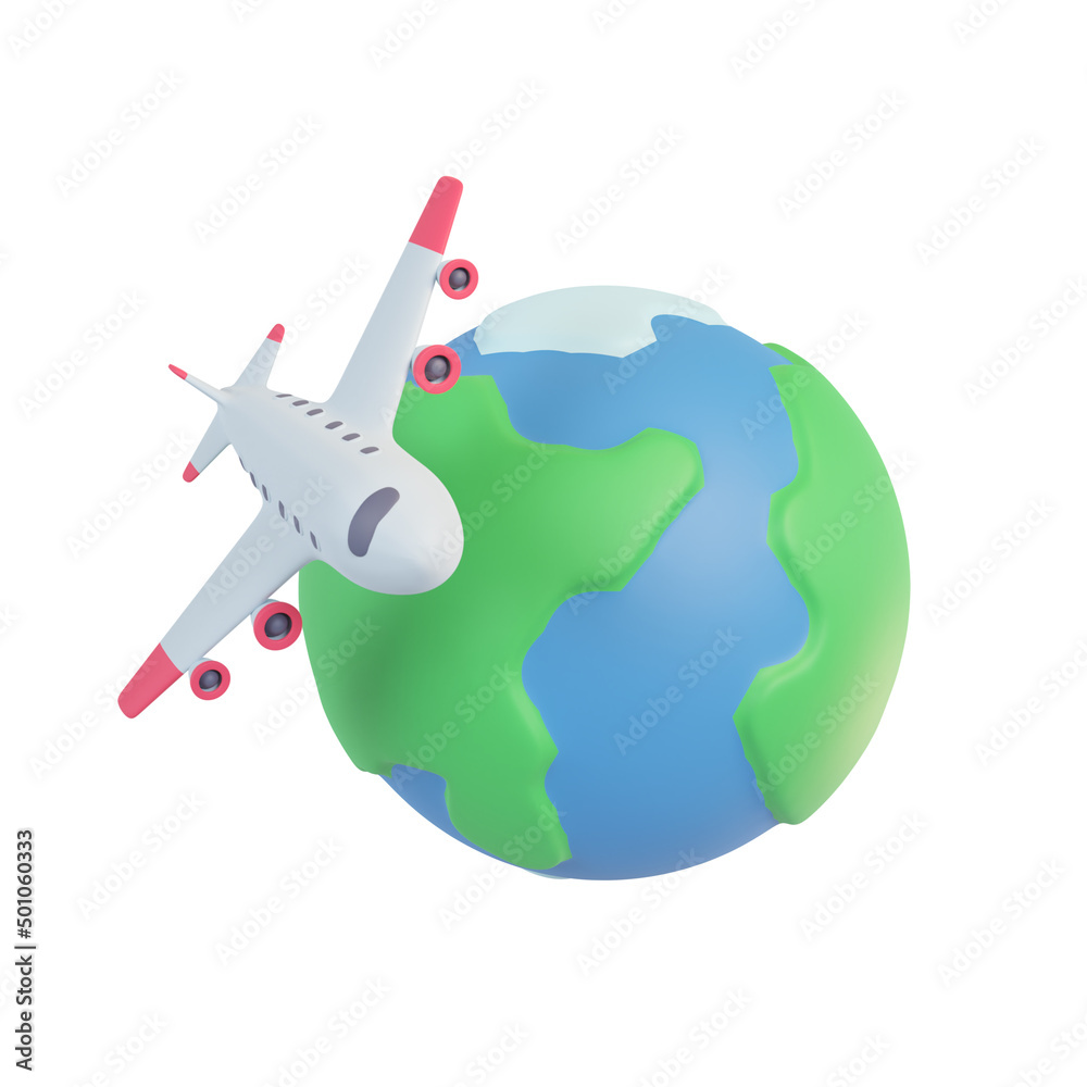 Fototapeta premium Passenger plane flying around the world. Holiday travel idea. 3D Rendering.